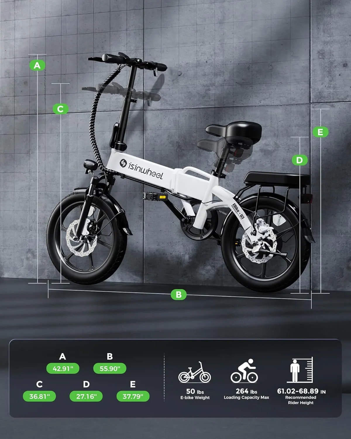 isinwheel U3 Electric Bike for Adults 16" Foldable Ebike, 500W Electric Bicycles with Front Fork Suspension, Rear Rack, 3A Fast Charge, 20 mph Mini Folding Ebike for Adults and Teens