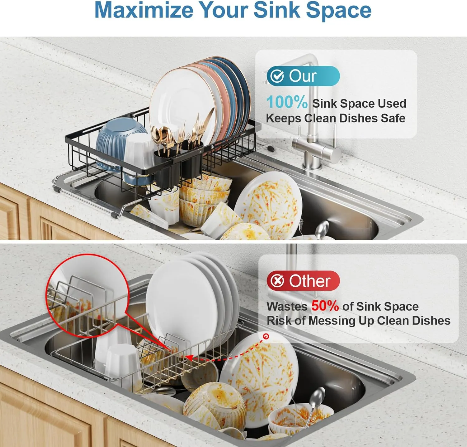 iSPECLE Expandable Sink Dish Drying Rack - Adjustable Capacity (12''-16.9''L) Over The Sink Dish Drainer Drying Rack for Kitchen Counter, Dish Rack with Utensil Holder, Black