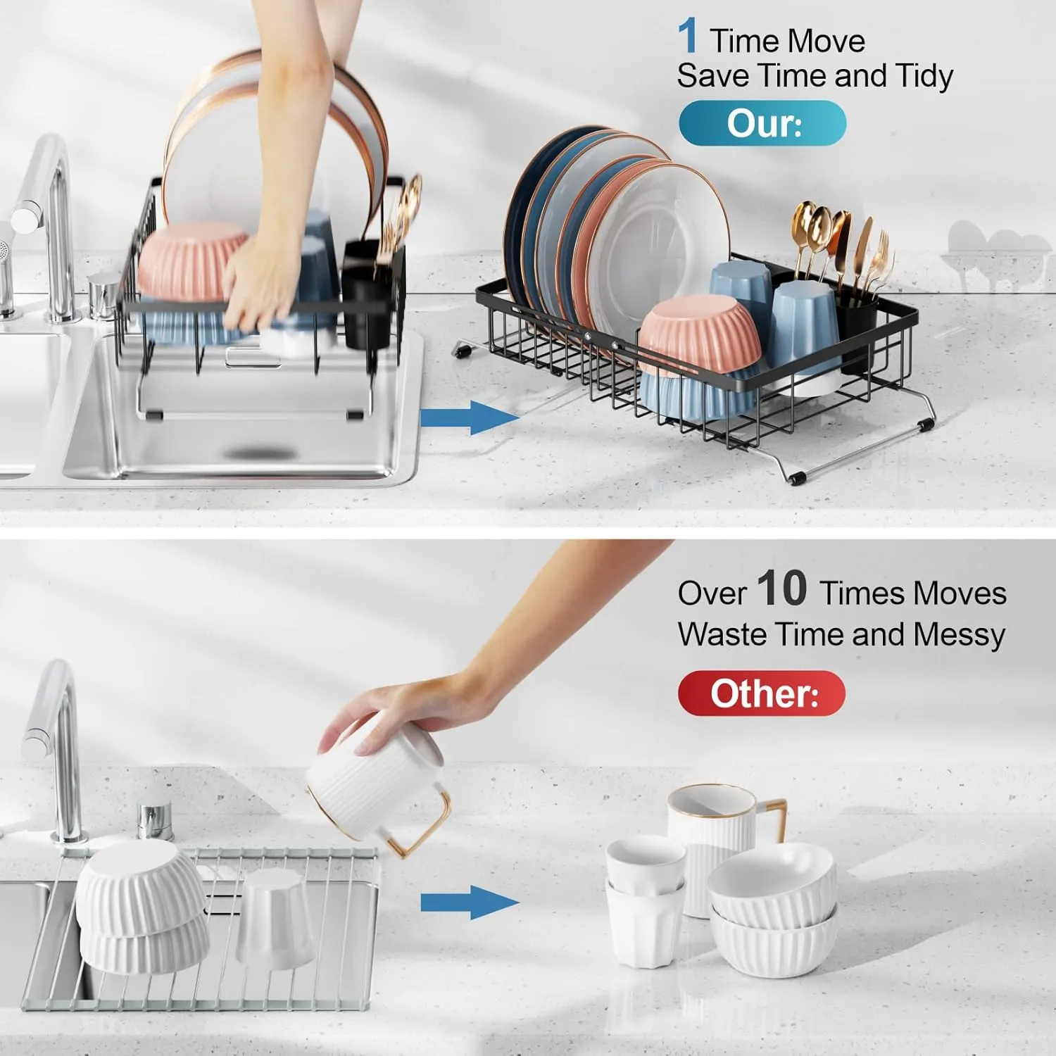 iSPECLE Expandable Sink Dish Drying Rack - Adjustable Capacity (12''-16.9''L) Over The Sink Dish Drainer Drying Rack for Kitchen Counter, Dish Rack with Utensil Holder, Black