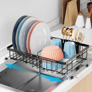 iSPECLE Expandable Sink Dish Drying Rack - Adjustable Capacity (12''-16.9''L) Over The Sink Dish Drainer Drying Rack for Kitchen Counter, Dish Rack with Utensil Holder, Black
