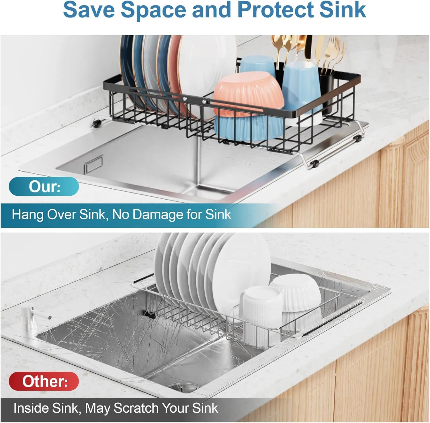 iSPECLE Expandable Sink Dish Drying Rack - Adjustable Capacity (12''-16.9''L) Over The Sink Dish Drainer Drying Rack for Kitchen Counter, Dish Rack with Utensil Holder, Black