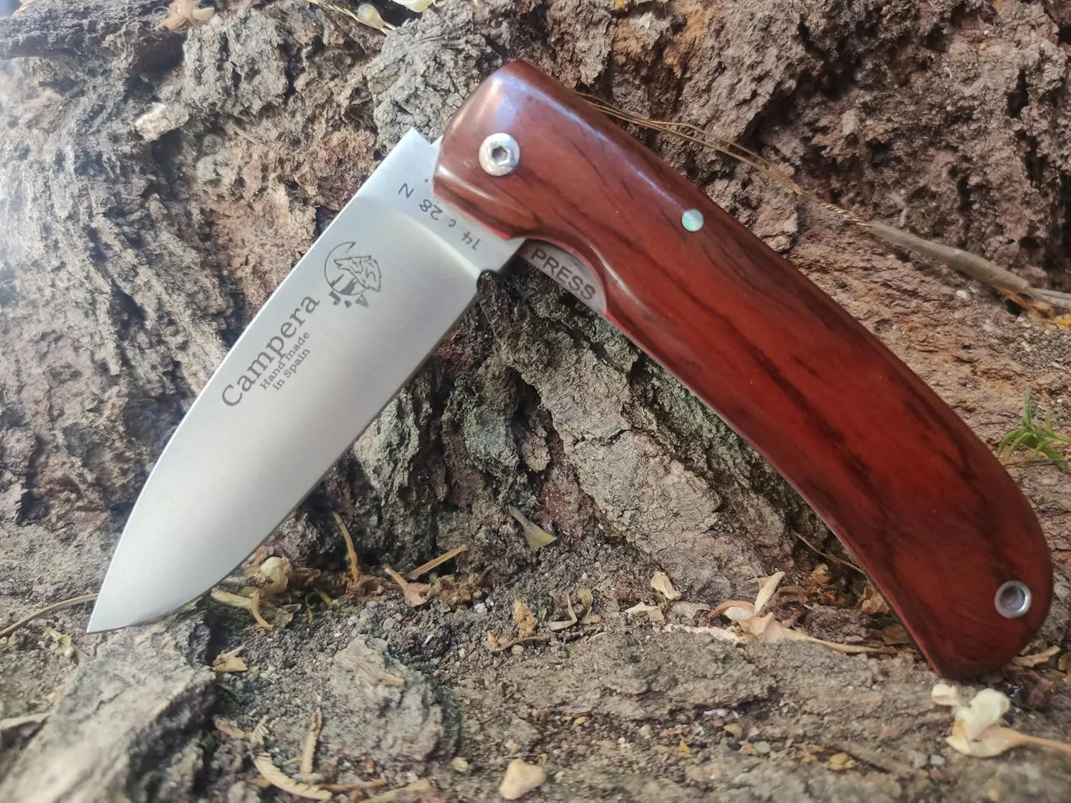 J&V CAMPERA Folding Knife for Bushcraft, Camping, Hunting, Fishing and Outdoor Activities, 3.4" Stainless Steel Sandvik, EDC Gear and Equipment, Handmade in Spain