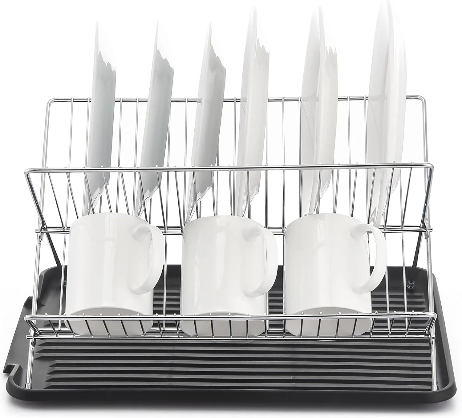 J&V TEXTILES Foldable Dish Drying Rack with Drainboard, Stainless Steel 2 Tier Drainer Rack, Collapsible Folding Rack for Kitchen Sink, Countertop, Cutlery, Plates (Black)