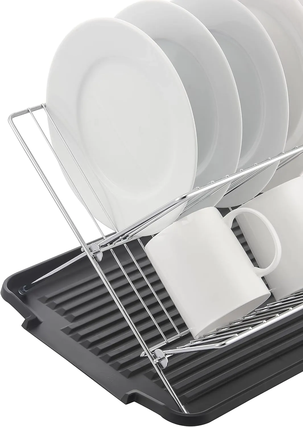 J&V TEXTILES Foldable Dish Drying Rack with Drainboard, Stainless Steel 2 Tier Drainer Rack, Collapsible Folding Rack for Kitchen Sink, Countertop, Cutlery, Plates (Black)