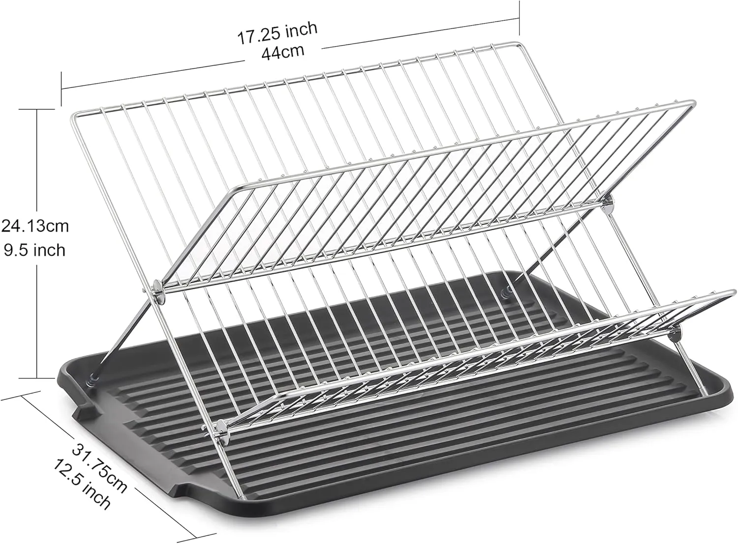 J&V TEXTILES Foldable Dish Drying Rack with Drainboard, Stainless Steel 2 Tier Drainer Rack, Collapsible Folding Rack for Kitchen Sink, Countertop, Cutlery, Plates (Black)