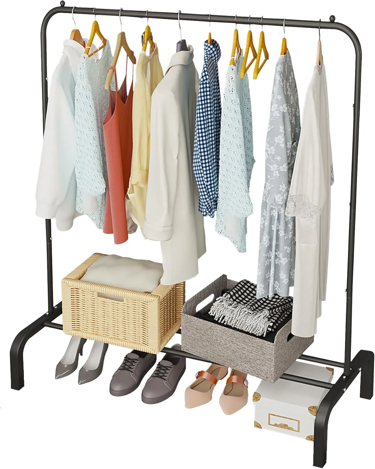 JIUYOTREE Metal Clothing Rack, 43.3 Inches Garment Rack with Bottom Shelf for Hanging Clothes, Coats, Skirts, Shirts, Sweaters, Black