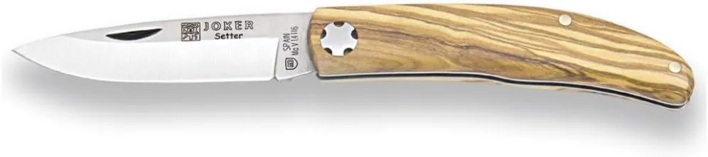 Joker Pocket Knife Setter NO112, Piston Lock, with Handle in Olive Wood, MOVA Blade 2.56 inches, Fishing Tool, Hunting, Camping and Hiking