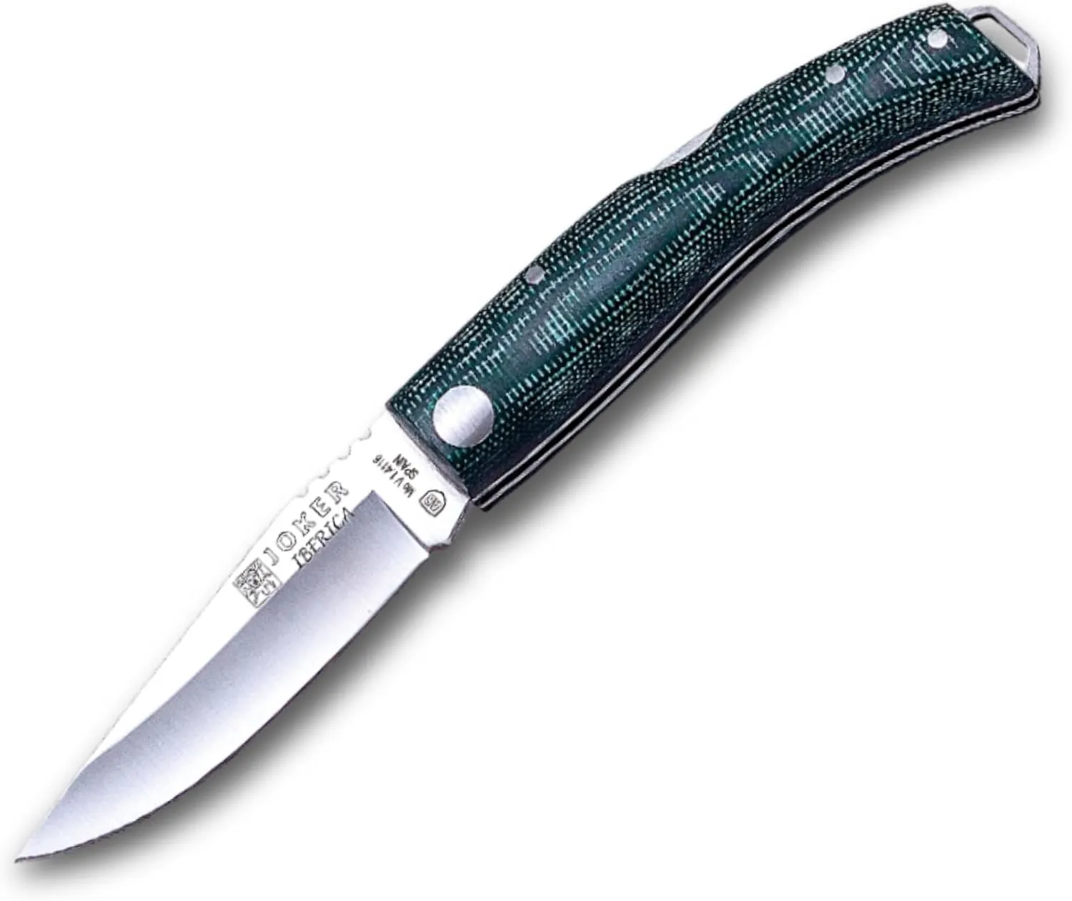 Joker Sport Pocket Folding Knife ibérica NV138, micarta Green Handle, Blade 2.95 inches MOVA, with Leather Cord, Fishing Tool, Hunting, Camping and Hiking