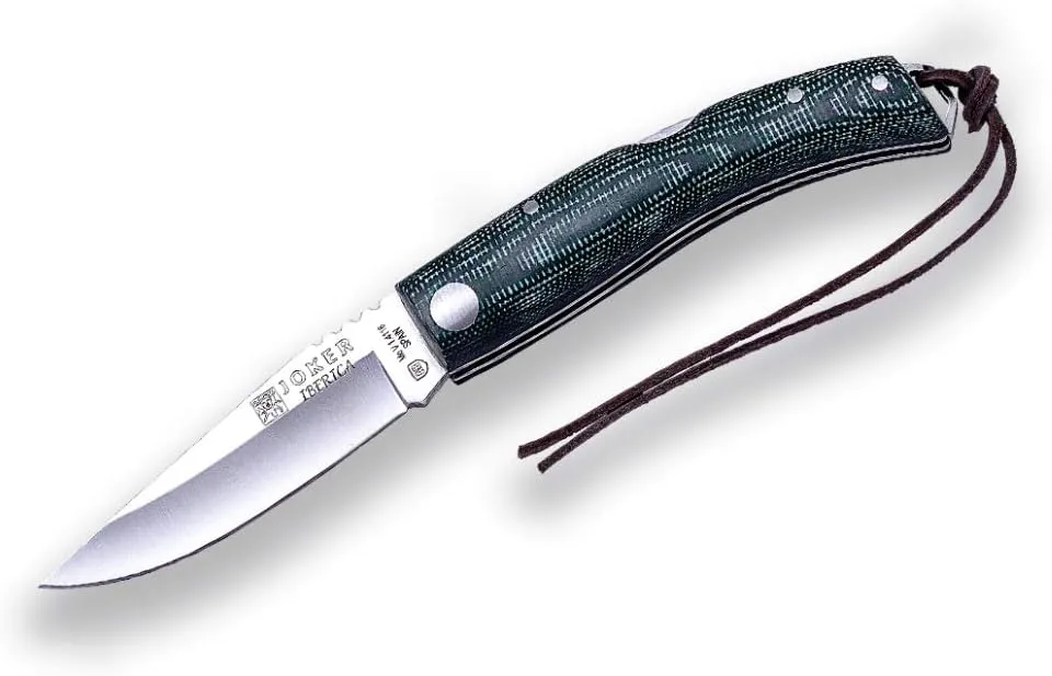Joker Sport Pocket Folding Knife ibérica NV138, micarta Green Handle, Blade 2.95 inches MOVA, with Leather Cord, Fishing Tool, Hunting, Camping and Hiking