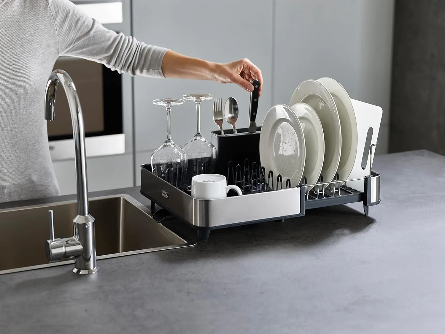 Joseph Joseph Extendable Dish Drying Rack with Dual Parts - Stainless Steel, Non-Scratch, Movable Utensil Drainer & Drainage Spout, Gray