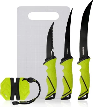 Kaba 5-9inch Fishsing Fillet Knife Set, 3CR13 Stainless Steel & Teflon Coated Knives, Sharpener, Cutting Board, Portable Pouch, Fishing Accessories Gift for Men
