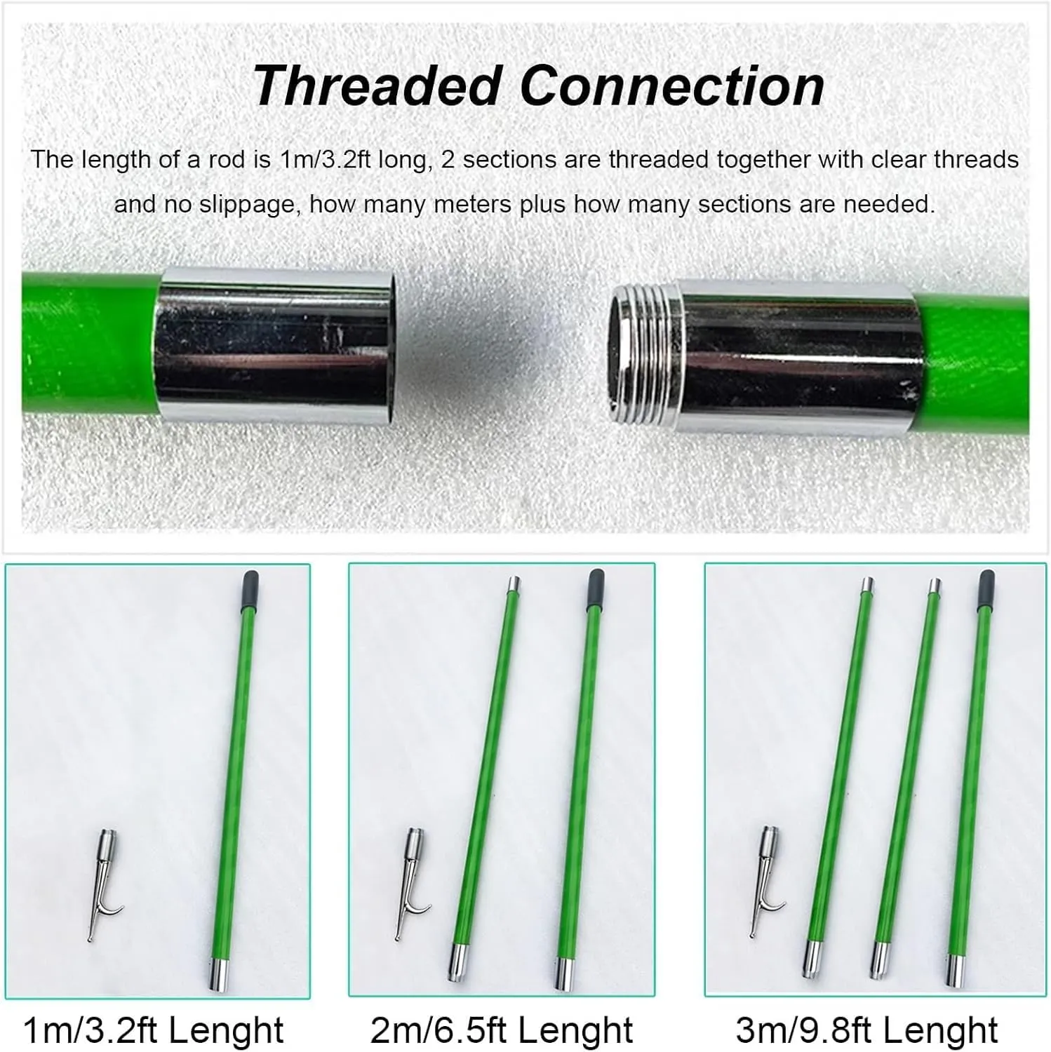 Katzowen 3/2 /1 M Long Portable Rescue Poles with Removable Stainless Steel Hook, ﻿ Green Push Pole for Boat, Life Raft/Boat/Yacht/Motorboat/Pool Water Salvage Tools