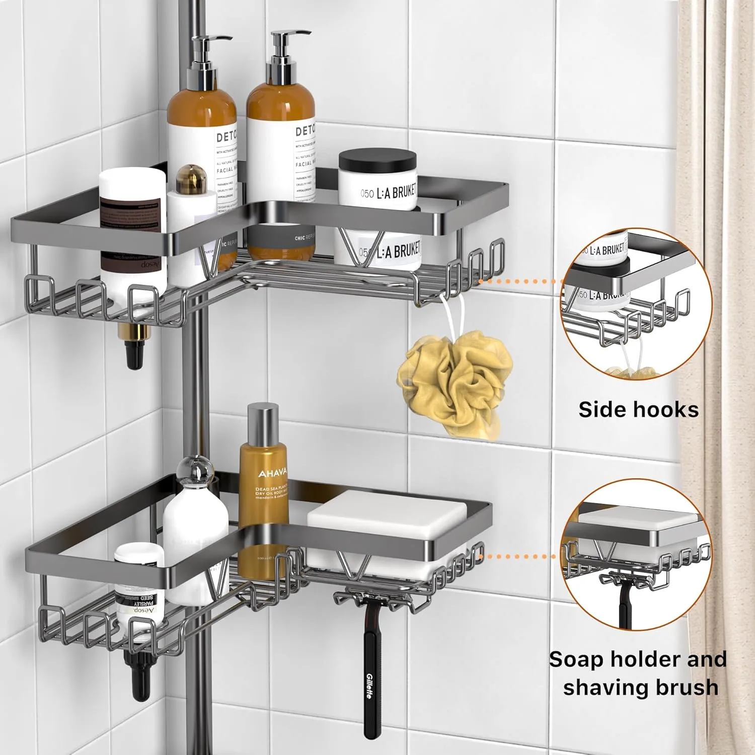 KEGII 4-Tier Corner Shower Caddy Tension Pole - Adjustable Shower Tension Rod Organizer, Floor to Ceiling Shower Caddy 25-114.2 inch, Shower Towel Rack Corner Waterproof, Gray