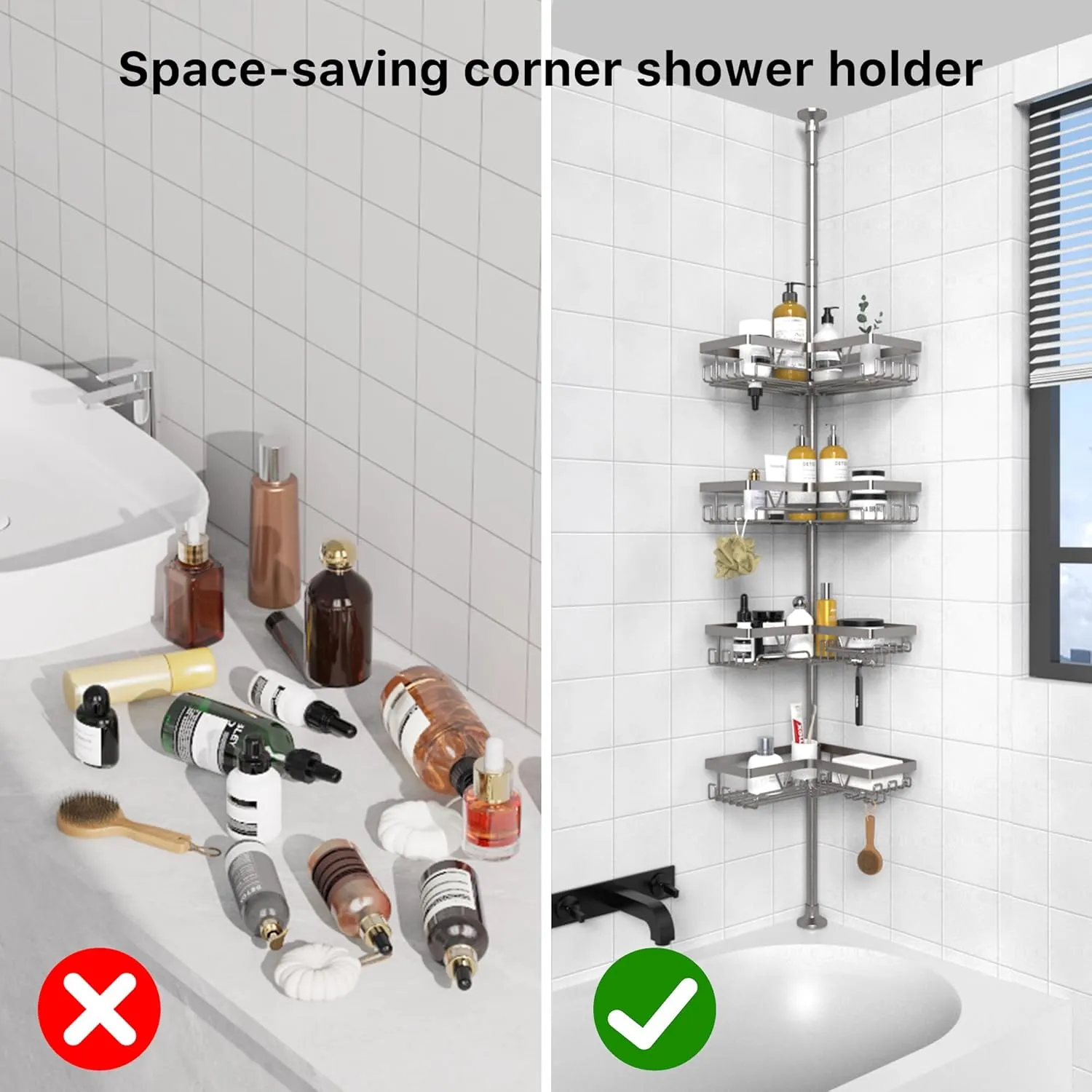 KEGII 4-Tier Corner Shower Caddy Tension Pole - Adjustable Shower Tension Rod Organizer, Floor to Ceiling Shower Caddy 25-114.2 inch, Shower Towel Rack Corner Waterproof, Gray