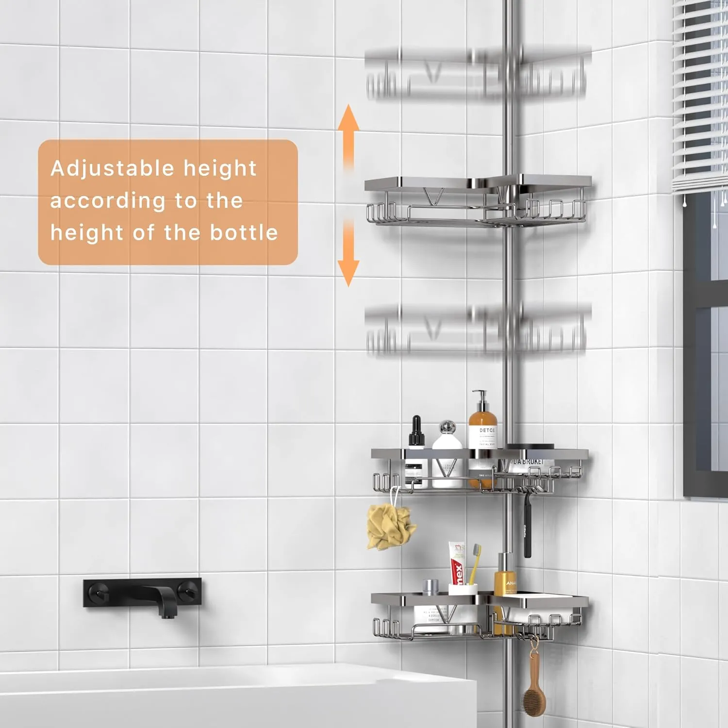 KEGII 4-Tier Corner Shower Caddy Tension Pole - Adjustable Shower Tension Rod Organizer, Floor to Ceiling Shower Caddy 25-114.2 inch, Shower Towel Rack Corner Waterproof, Gray