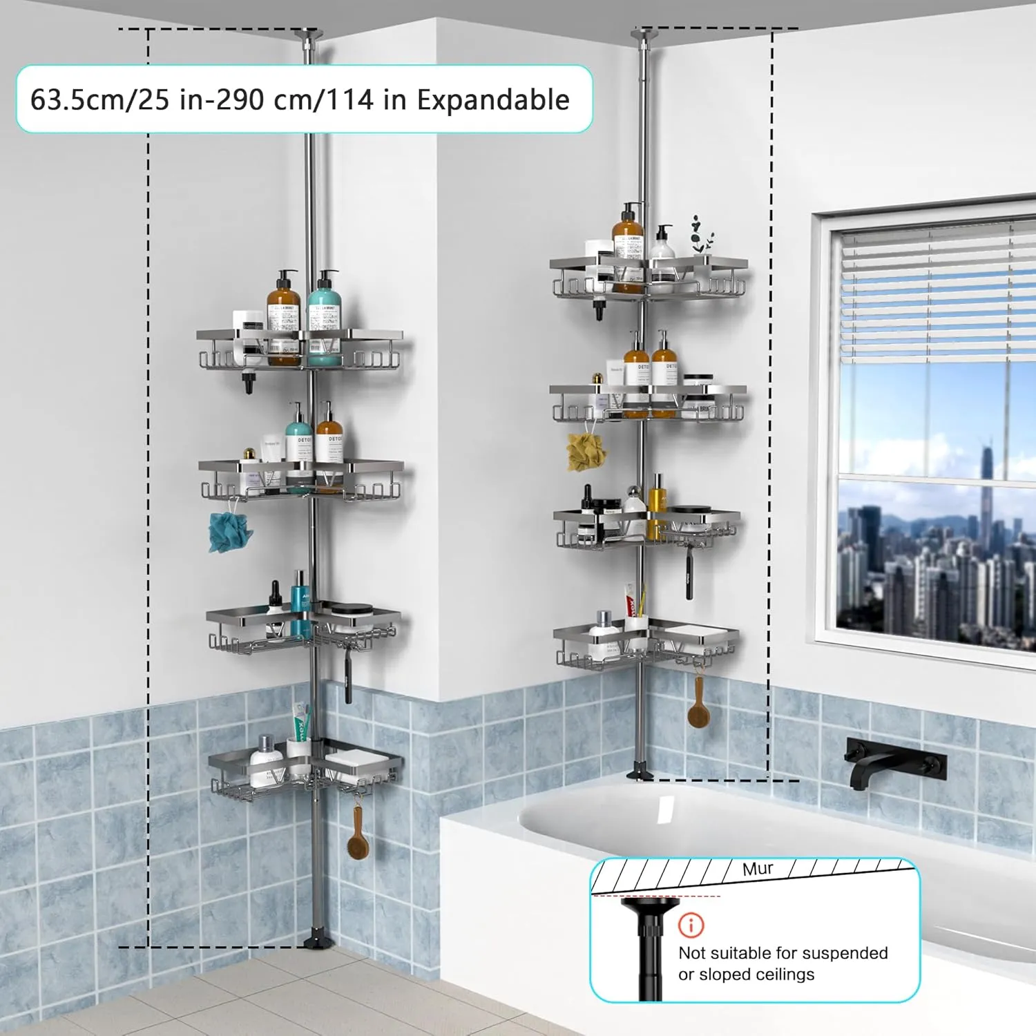 KEGII 4-Tier Corner Shower Caddy Tension Pole - Adjustable Shower Tension Rod Organizer, Floor to Ceiling Shower Caddy 25-114.2 inch, Shower Towel Rack Corner Waterproof, Gray