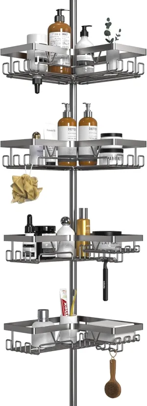 KEGII 4-Tier Corner Shower Caddy Tension Pole - Adjustable Shower Tension Rod Organizer, Floor to Ceiling Shower Caddy 25-114.2 inch, Shower Towel Rack Corner Waterproof, Gray