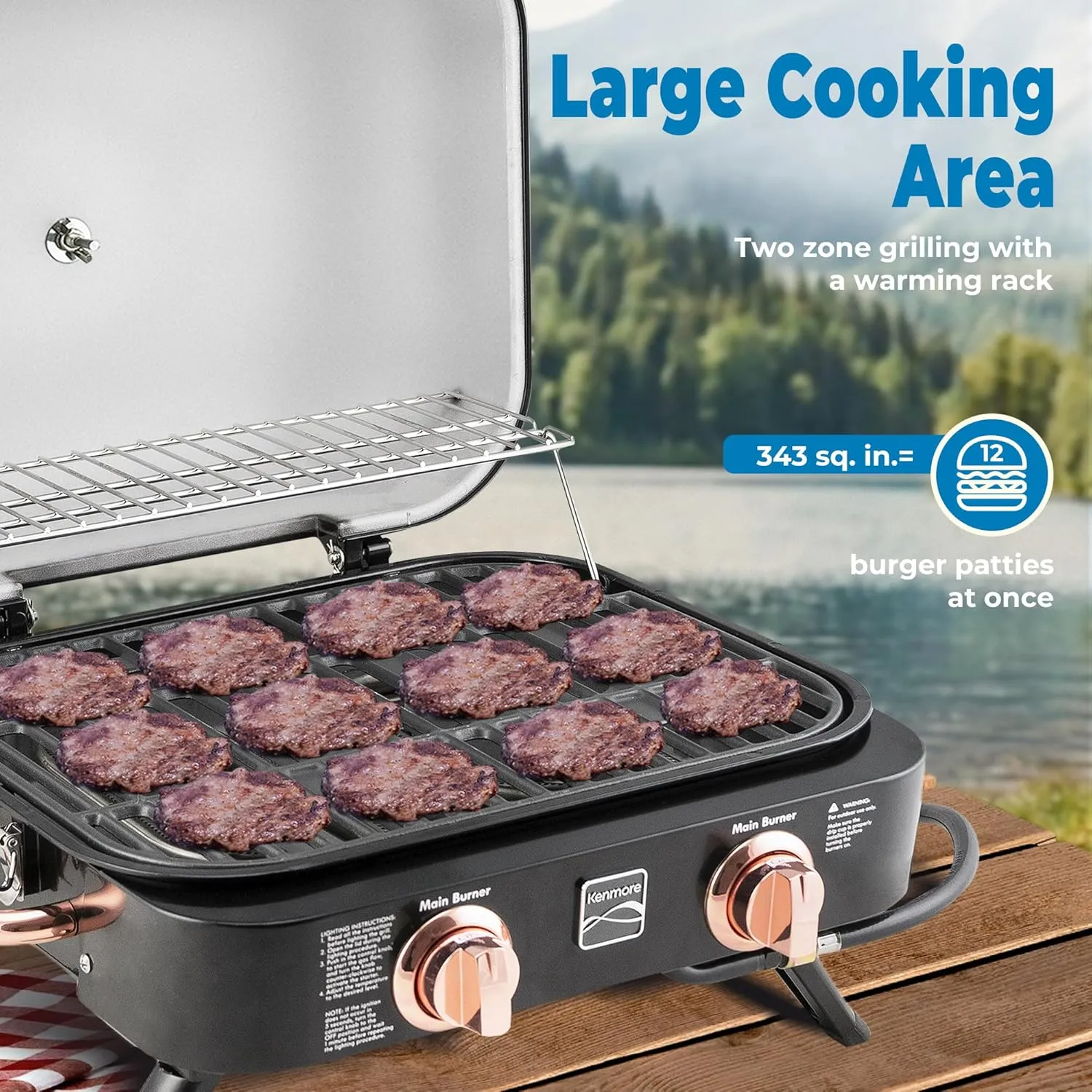 Kenmore 2-Burner Portable Gas Grill, Tabletop BBQ Grill with Warming Rack, Foldable Legs, Stainless Steel Burners, Fits 5 & 20 lb Propane Tanks, Ideal for Camping & Tailgating, Black & Copper