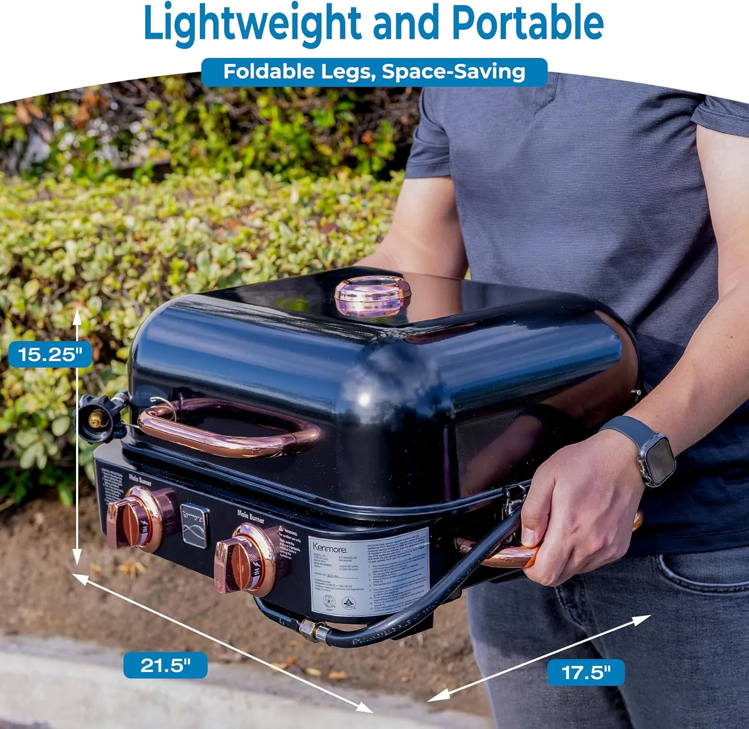Kenmore 2-Burner Portable Gas Grill, Tabletop BBQ Grill with Warming Rack, Foldable Legs, Stainless Steel Burners, Fits 5 & 20 lb Propane Tanks, Ideal for Camping & Tailgating, Black & Copper