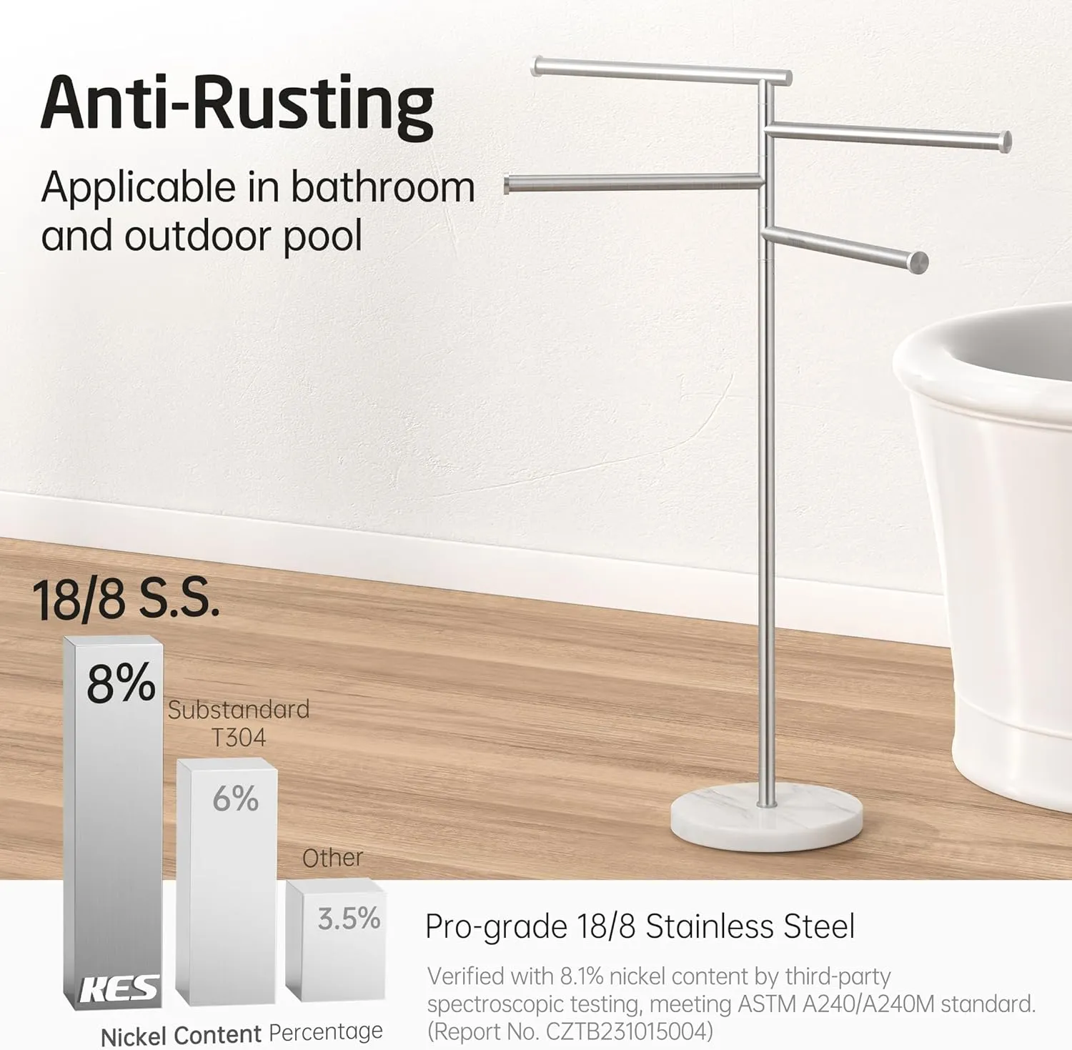 KES Free Standing Towel Racks for Bathroom, Towel Stand with Natural Marble Base, 40 Inch 4 Swivel Bars Floor Towel Rack Stand, Premium 18/8 Stainless Steel, Brushed Finish, BTH219S4-2