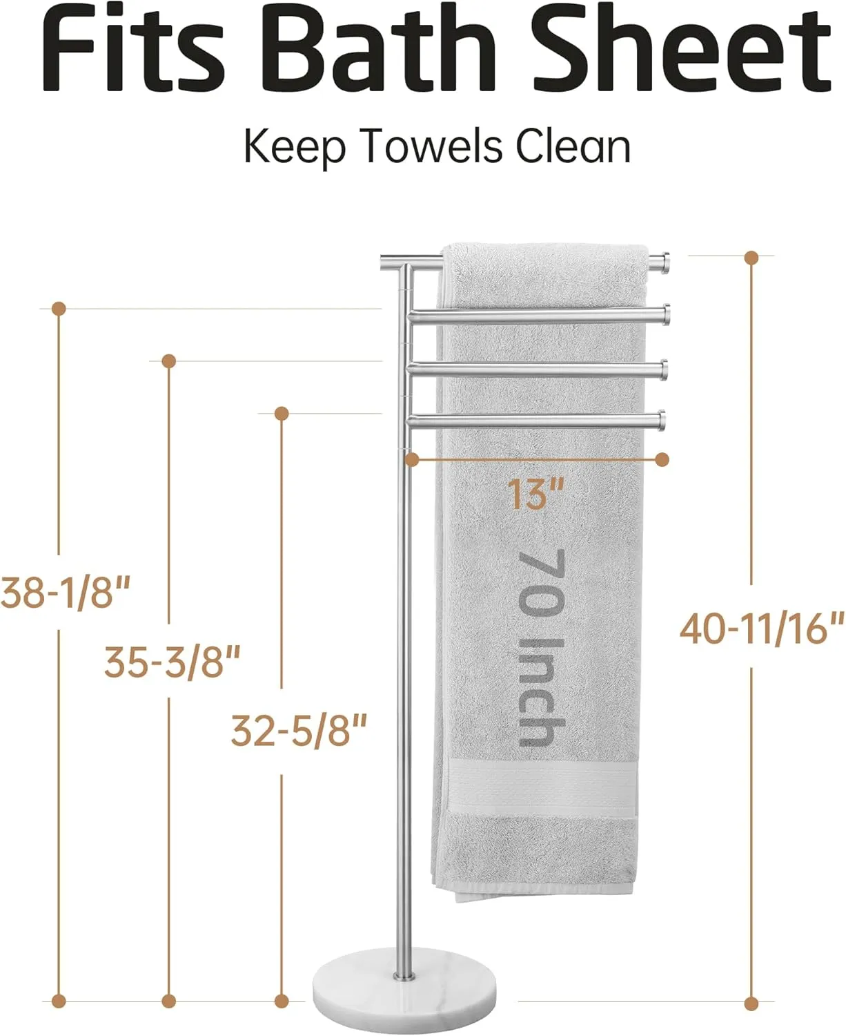 KES Free Standing Towel Racks for Bathroom, Towel Stand with Natural Marble Base, 40 Inch 4 Swivel Bars Floor Towel Rack Stand, Premium 18/8 Stainless Steel, Brushed Finish, BTH219S4-2