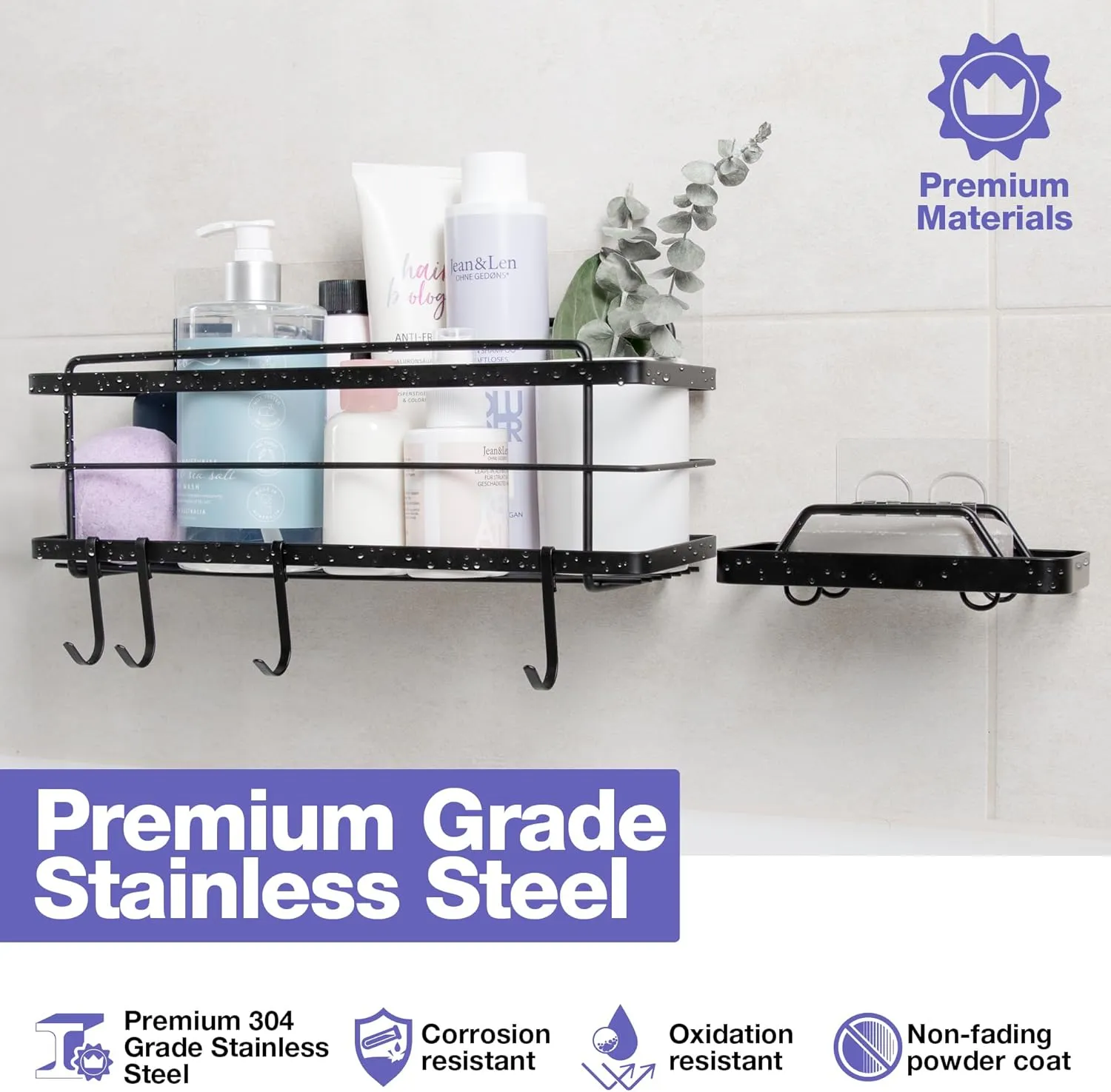 KINCMAX Premium Shower Caddy with Soap Holder - Adhesive Bathroom Shower Organizer and Storage w/ 4 Hooks, No Drill Shower Shelves for Inside Shower, Rustproof Stainless Steel Shower Rack, Black