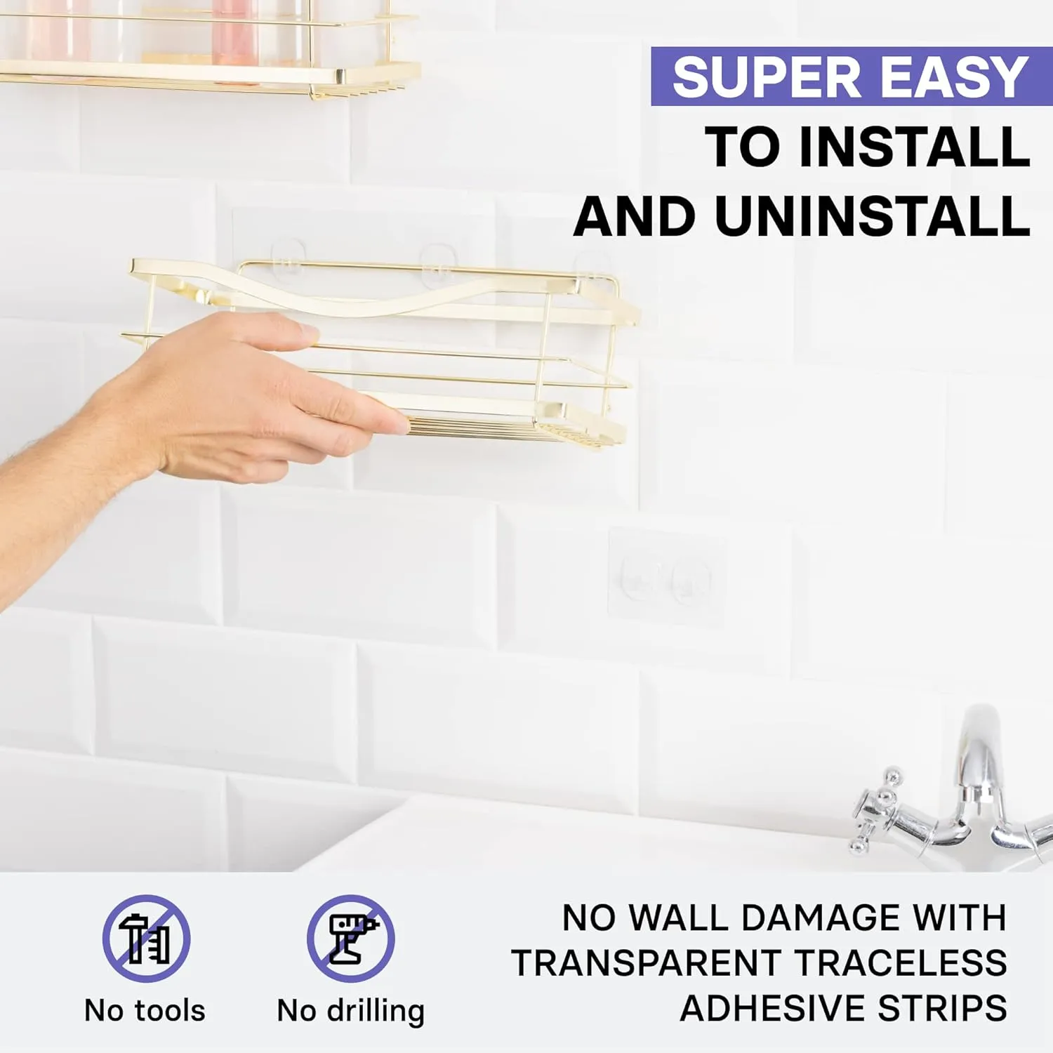KINCMAX Shower Caddy Organizer - Self Adhesive Wall Shower Shelf - Stainless Steel Bath Shampoo Holder and Storage Rack