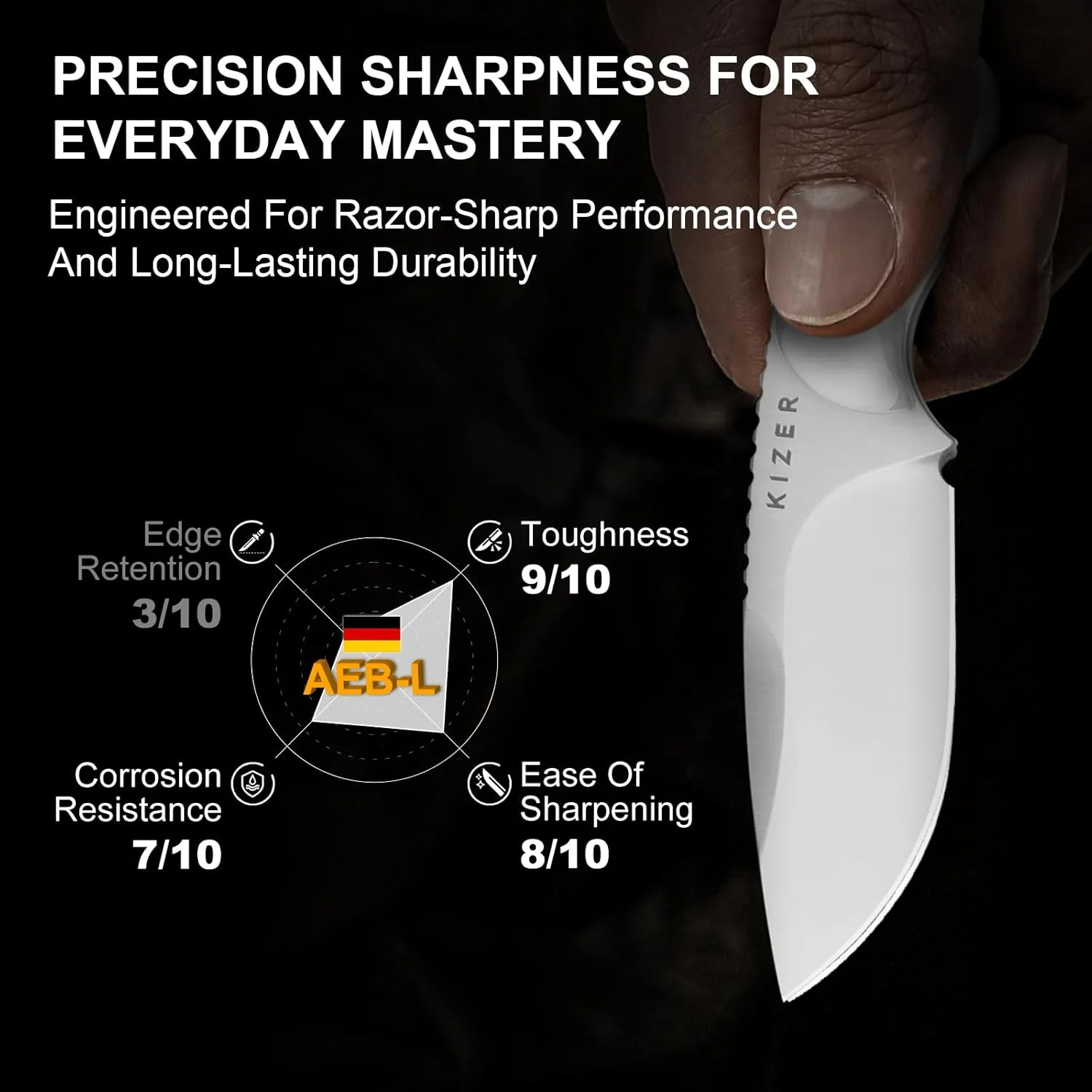 Kizer BUDDY Fixed Blade EDC Knife, 3" AEB-L Steel Camping Knife with White Acrylic Handle, Comfortable Everyday Carry Hunting Knives with Kydex Sheath for Outdoor Hiking & Survival Activities 1081A4