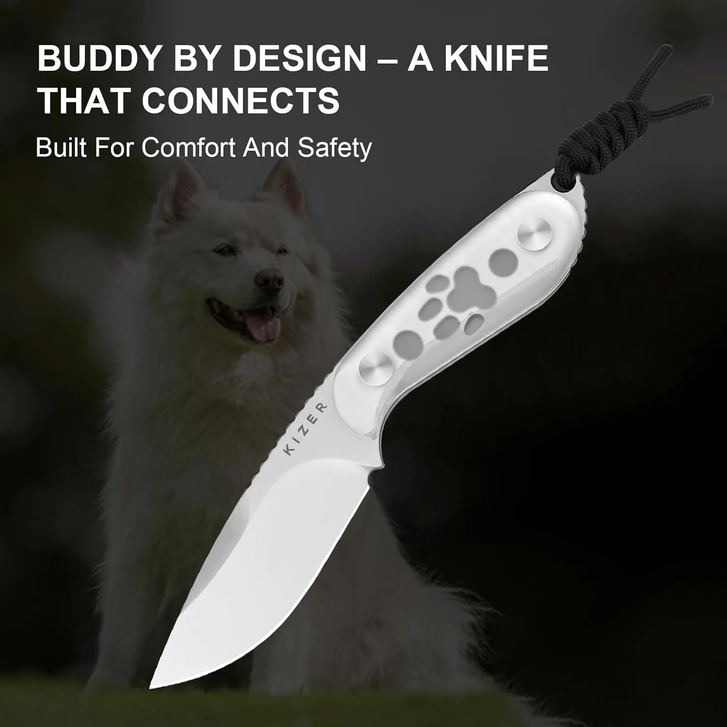 Kizer BUDDY Fixed Blade EDC Knife, 3" AEB-L Steel Camping Knife with White Acrylic Handle, Comfortable Everyday Carry Hunting Knives with Kydex Sheath for Outdoor Hiking & Survival Activities 1081A4