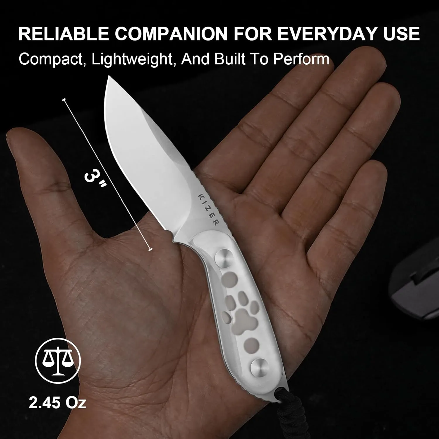Kizer BUDDY Fixed Blade EDC Knife, 3" AEB-L Steel Camping Knife with White Acrylic Handle, Comfortable Everyday Carry Hunting Knives with Kydex Sheath for Outdoor Hiking & Survival Activities 1081A4