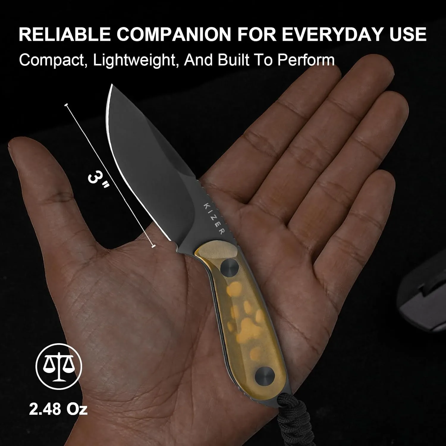 Kizer BUDDY Fixed Blade EDC Knife, 3" Nitro-V Steel Camping Knife with Yellow PEI Handle, Comfortable Everyday Carry Hunting Knives with Kydex Sheath for Outdoor Hiking Activities 1081A1