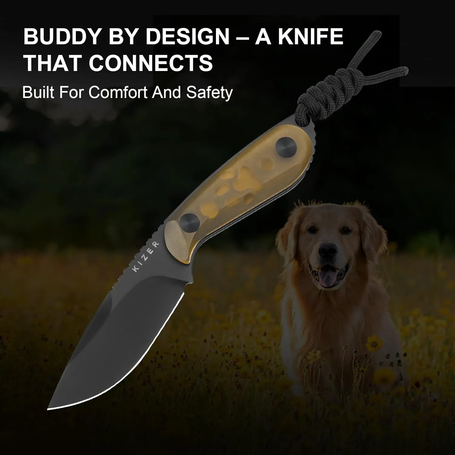 Kizer BUDDY Fixed Blade EDC Knife, 3" Nitro-V Steel Camping Knife with Yellow PEI Handle, Comfortable Everyday Carry Hunting Knives with Kydex Sheath for Outdoor Hiking Activities 1081A1