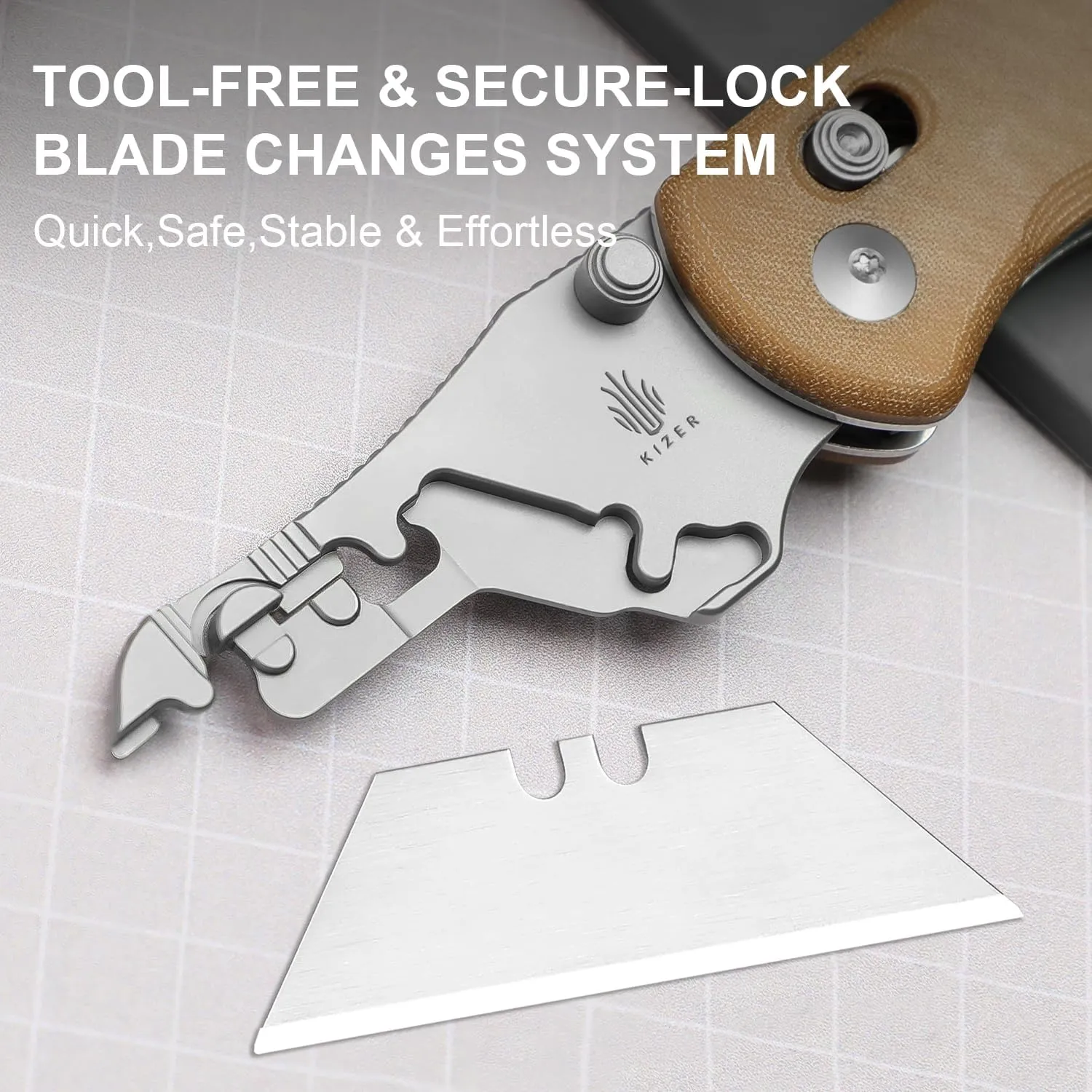 Kizer Drop Bear(Tool-Free Version) Pocket Folding Utility Knife, Quick Change Box Cutter EDC knife with 10PCS Razor Blades, Clutch Lock & Pocket Clip Small Pocket Knives for Men Women V3619JA7