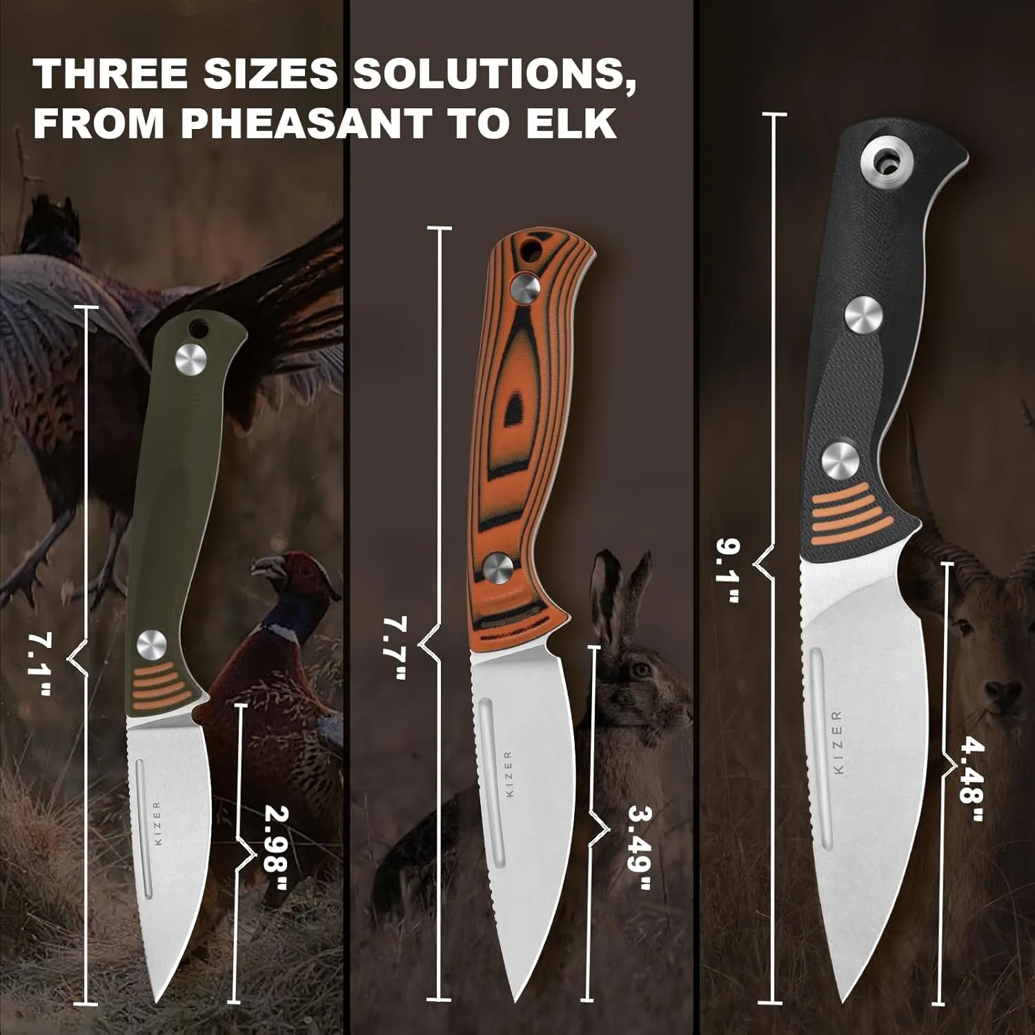 Kizer Evenki3 Fixed Blade Knife, 4.48" AEB-L Drop Point Blade Hunting Knife with Black & Orange G10 Handle, Full Tang Survival Knives with Adjustable Sheath & Sharpener, Camping Hiking Knives, 1099A1