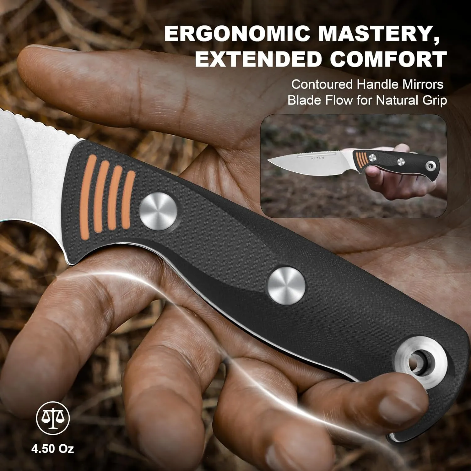 Kizer Evenki3 Fixed Blade Knife, 4.48" AEB-L Drop Point Blade Hunting Knife with Black & Orange G10 Handle, Full Tang Survival Knives with Adjustable Sheath & Sharpener, Camping Hiking Knives, 1099A1