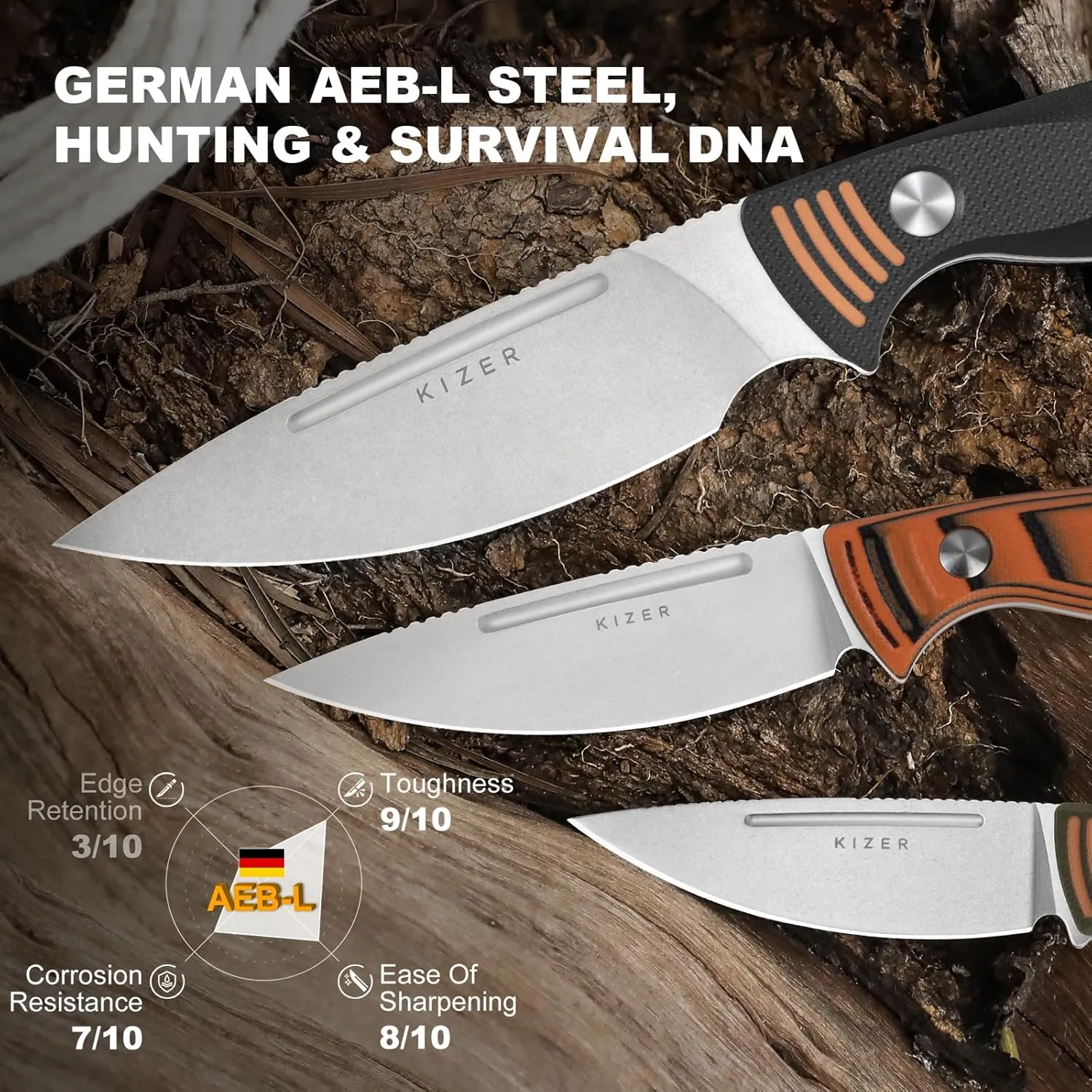 Kizer Evenki3 Fixed Blade Knife, 4.48" AEB-L Drop Point Blade Hunting Knife with Black & Orange G10 Handle, Full Tang Survival Knives with Adjustable Sheath & Sharpener, Camping Hiking Knives, 1099A1