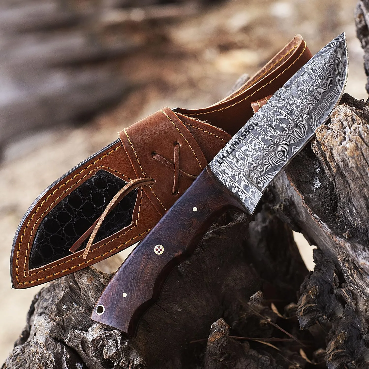 Knife with Sheath - Perfect Hunting Knife for Camping and Outdoor Activities – Brown Damascus Knife with Leather Sheath - Fixed Blade Outdoor Knife (9 Inches)