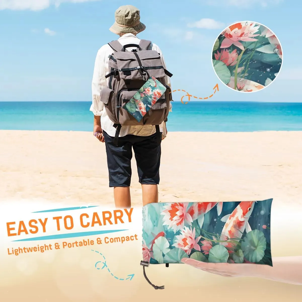 Koi Fish Beach Blanket, Sandproof Beach Mat, 68 x 59 Waterproof Quick Drying Sand Free Mat with 4 x Ground Spikes for Outdoor Travel Camping Hiking, Chinese Fish