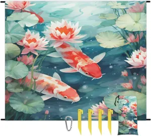 Koi Fish Beach Blanket, Sandproof Beach Mat, 68 x 59 Waterproof Quick Drying Sand Free Mat with 4 x Ground Spikes for Outdoor Travel Camping Hiking, Chinese Fish