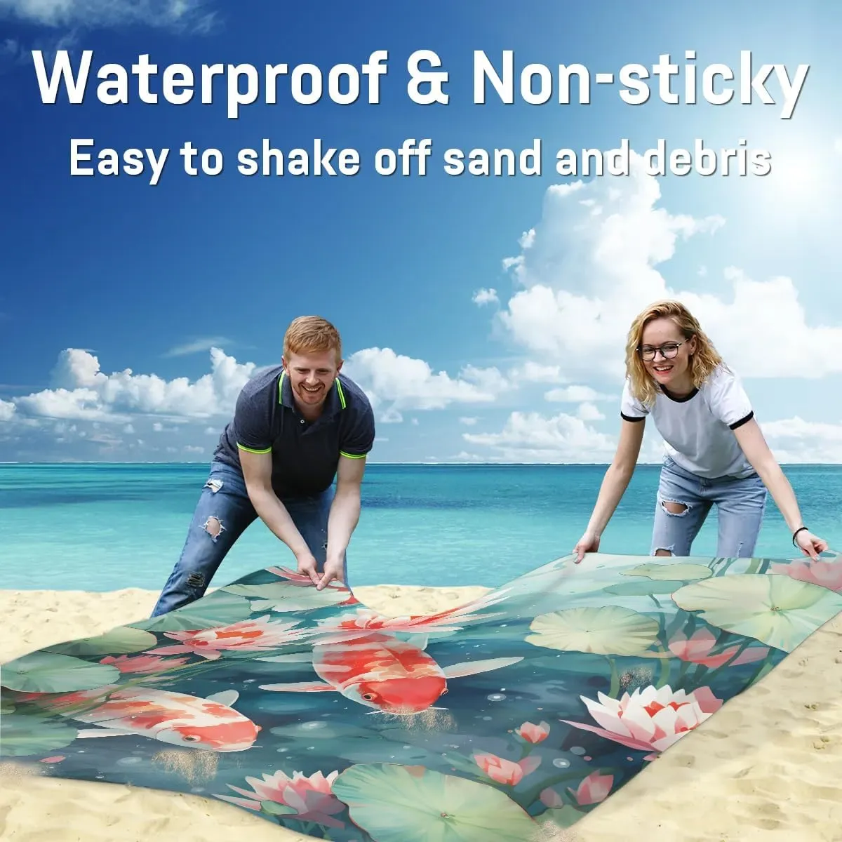 Koi Fish Beach Blanket, Sandproof Beach Mat, 68 x 59 Waterproof Quick Drying Sand Free Mat with 4 x Ground Spikes for Outdoor Travel Camping Hiking, Chinese Fish