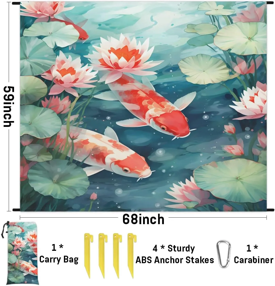 Koi Fish Beach Blanket, Sandproof Beach Mat, 68 x 59 Waterproof Quick Drying Sand Free Mat with 4 x Ground Spikes for Outdoor Travel Camping Hiking, Chinese Fish