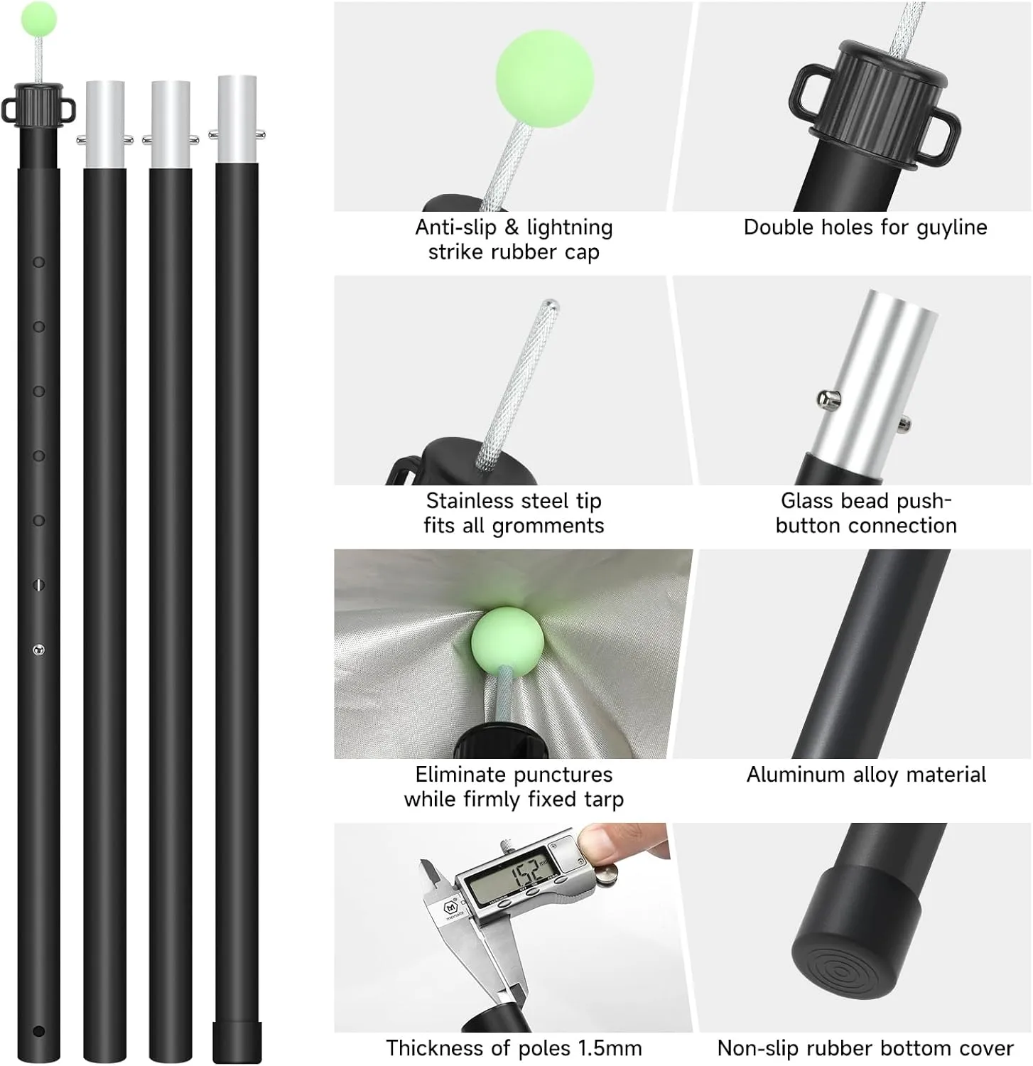 KOMCLUB Tarp Poles Telescoping Tent Poles Replacement Canopy Adjustable Aluminum Rods Camping Accessories Heavy Duty Pole Thicker Lightweight for Hiking Awning Backpacking Tent Stakes Reflective Ropes