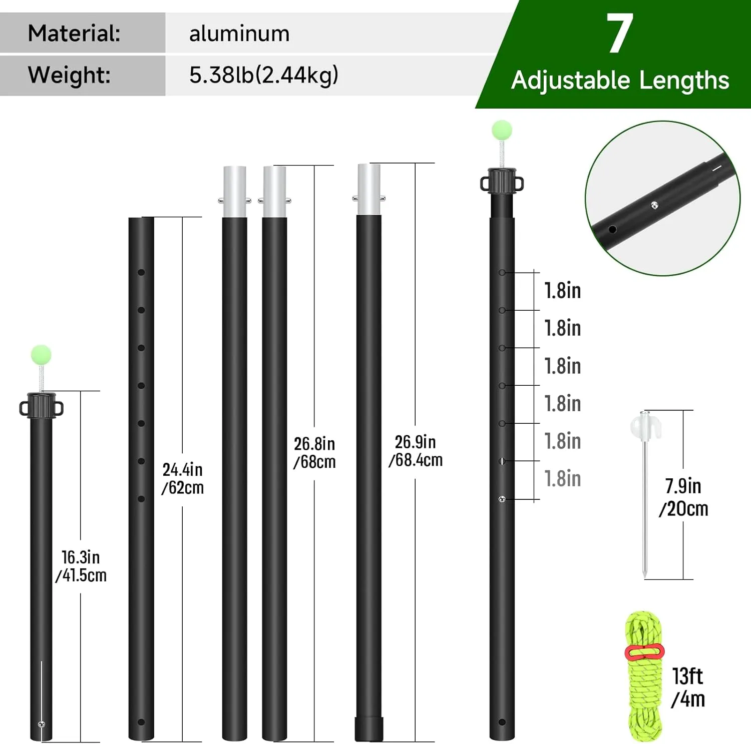 KOMCLUB Tarp Poles Telescoping Tent Poles Replacement Canopy Adjustable Aluminum Rods Camping Accessories Heavy Duty Pole Thicker Lightweight for Hiking Awning Backpacking Tent Stakes Reflective Ropes