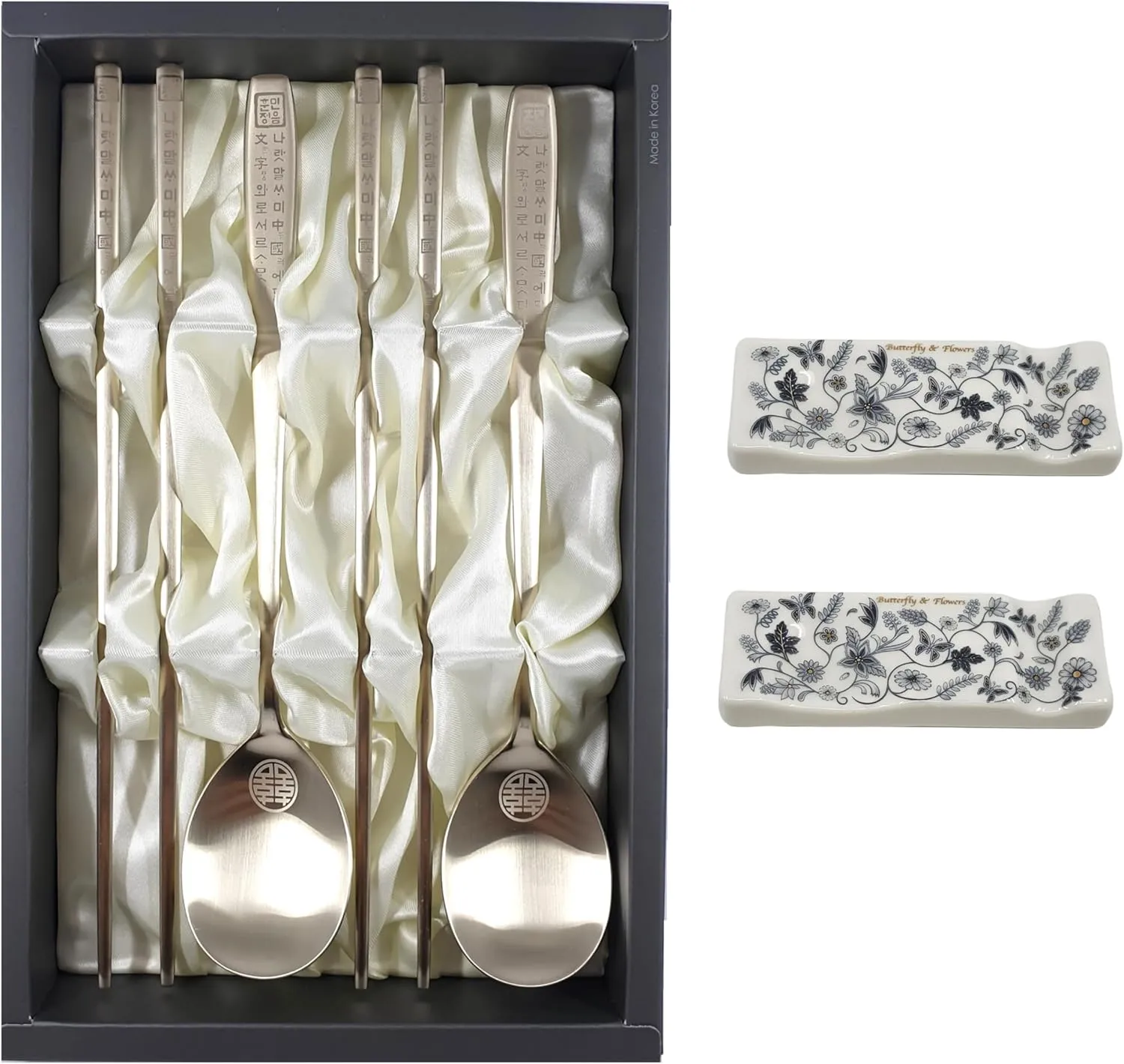 Korean Chopsticks Spoon 2 Set - METAL STAINLESS STEEL Titanium Plating -Printed Hangul Characters with ceramic rest rack (Hangul_Gold2P_RestRack)