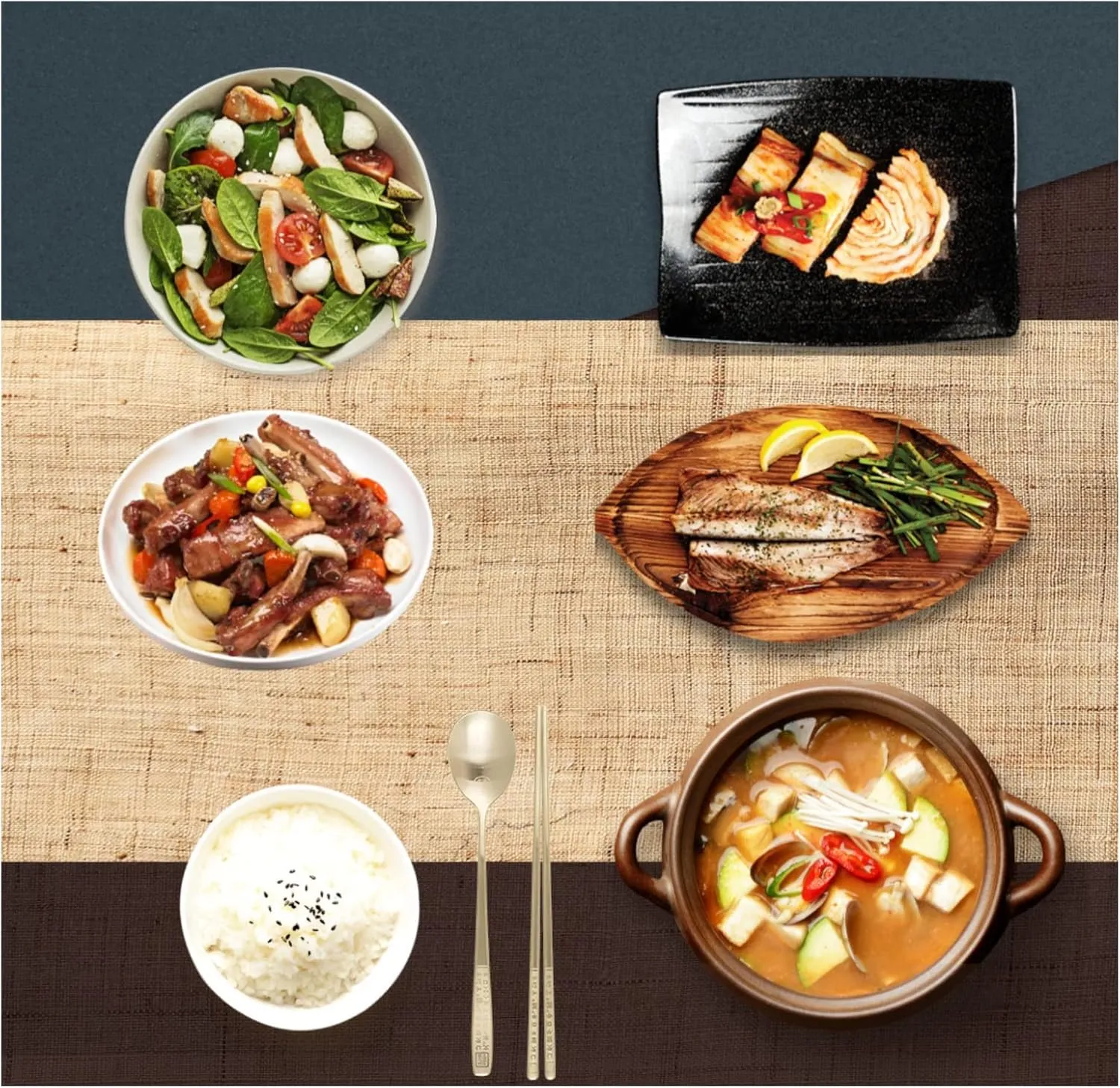 Korean Chopsticks Spoon 2 Set - METAL STAINLESS STEEL Titanium Plating -Printed Hangul Characters with ceramic rest rack (Hangul_Gold2P_RestRack)