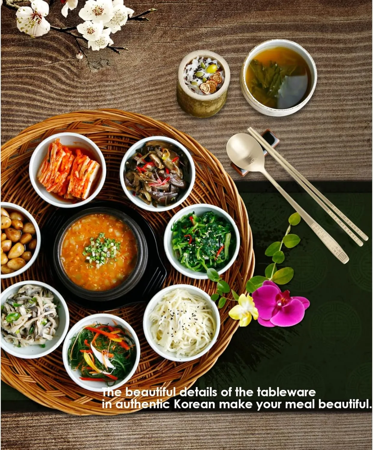 Korean Chopsticks Spoon 2 Set - METAL STAINLESS STEEL Titanium Plating -Printed Hangul Characters with ceramic rest rack (Hangul_Gold2P_RestRack)