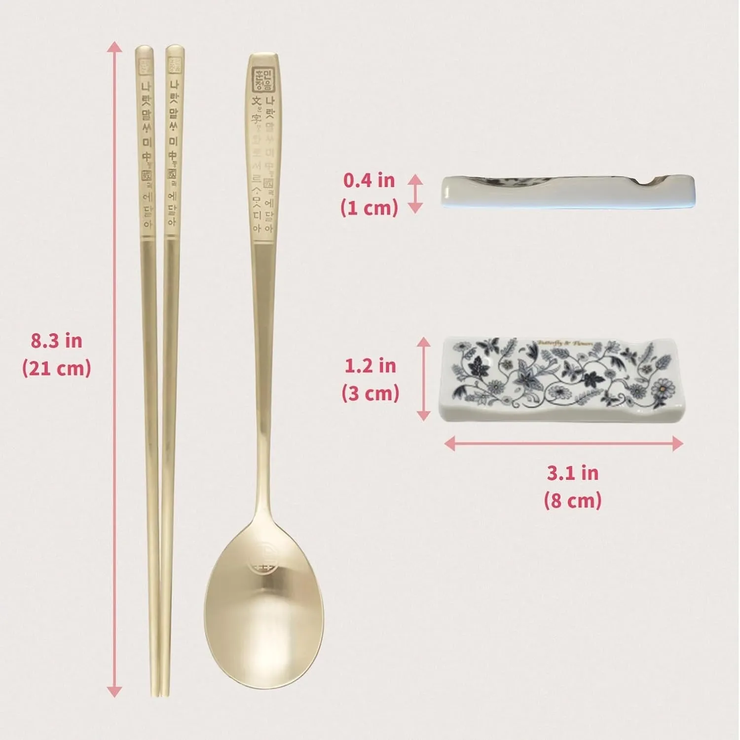 Korean Chopsticks Spoon 2 Set - METAL STAINLESS STEEL Titanium Plating -Printed Hangul Characters with ceramic rest rack (Hangul_Gold2P_RestRack)