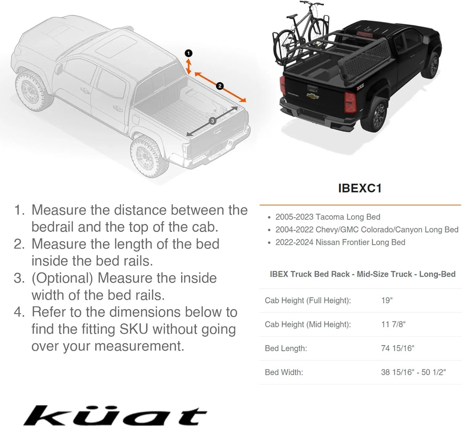 KUAT Ibex Versatile Durable Lightweight Aluminum Adjustable Truck Bed Rack - Stainless Steel Hardware Included | 1,200 LBS Static & 300 LBS Dynamic Weight Capacity, IBEXC1 - Mid-Size - Long-Bed