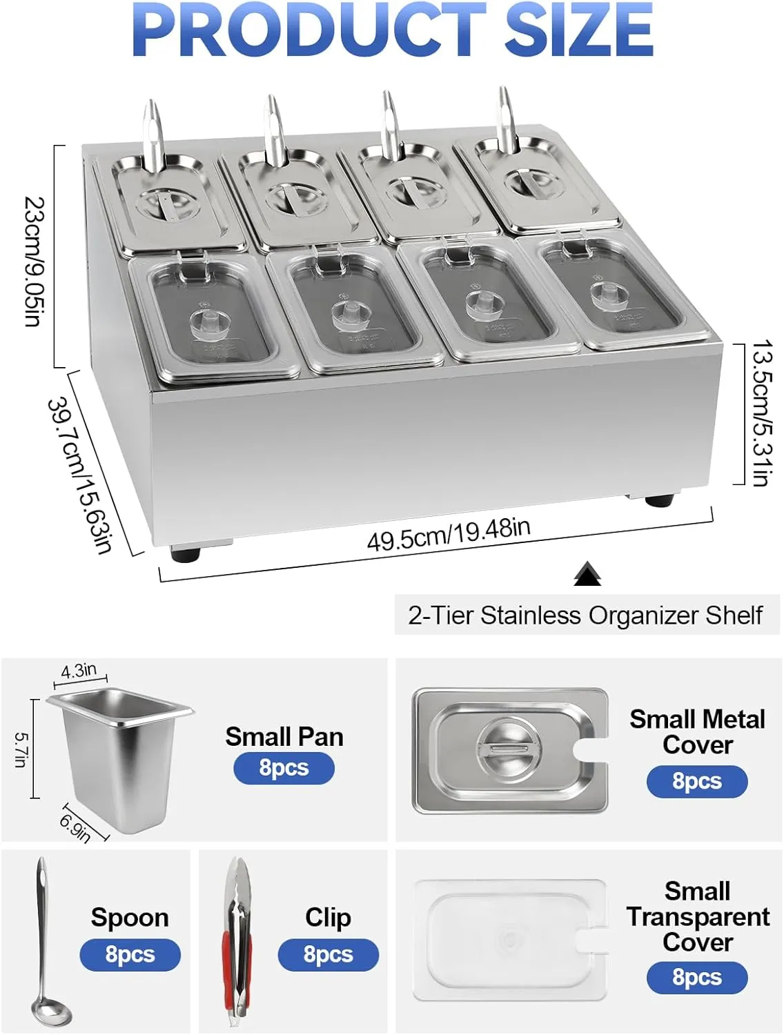 Lanstics 8 Pans Spice Rack Shelf 2 Row Stainless Steel Spice Organizer Stand with Lids Spoons Countertop Inclined Holder Buffet Containers Set for Sauce Jam Fruits Ingredient Kitchen Restaurant Pantry