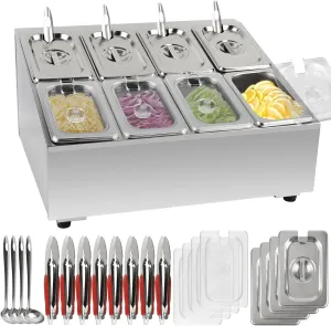Lanstics 8 Pans Spice Rack Shelf 2 Row Stainless Steel Spice Organizer Stand with Lids Spoons Countertop Inclined Holder Buffet Containers Set for Sauce Jam Fruits Ingredient Kitchen Restaurant Pantry